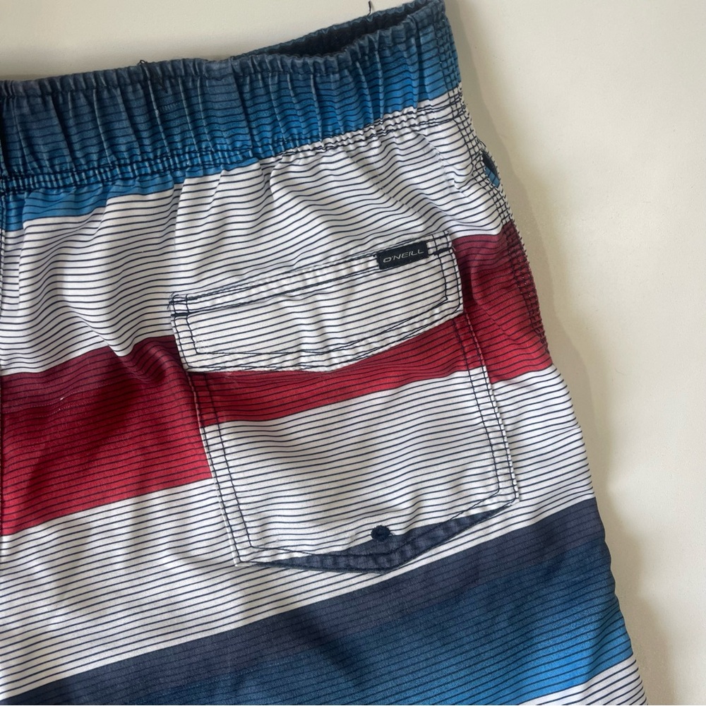 O’Neill Bathing Suit Swim Trunks Red Blue Striped Size Large - Picture 6 of 9